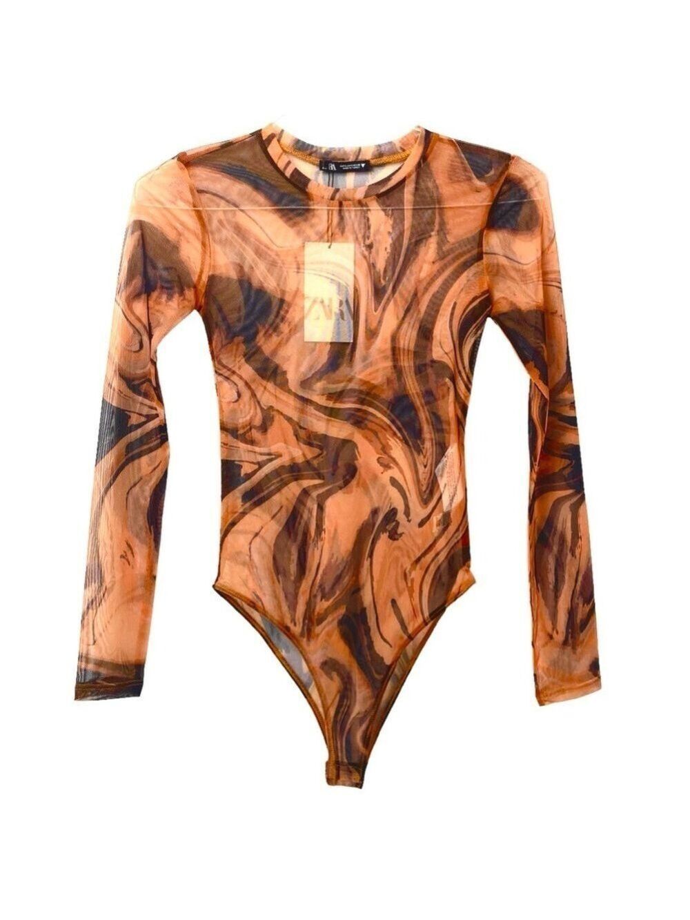 Zara New Sheer Mesh Fluid Print Bodysuit S Long Sleeve Y2K Indie Sleaze Brown - Picture 2 of 4